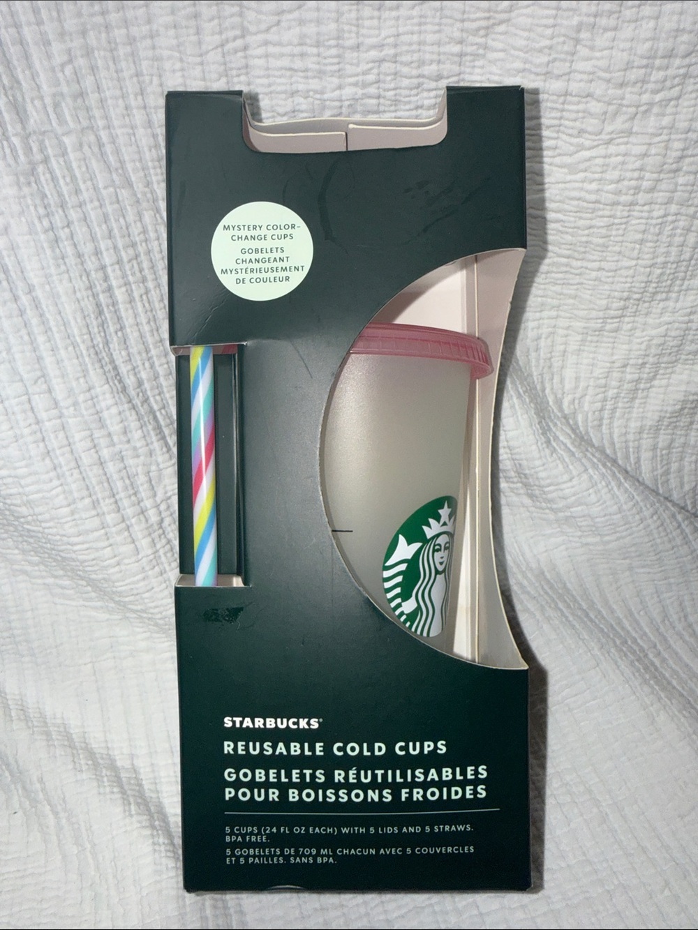 ONE Starbucks Frosted White Cold Cup with Pink Lid and Rainbow Straw